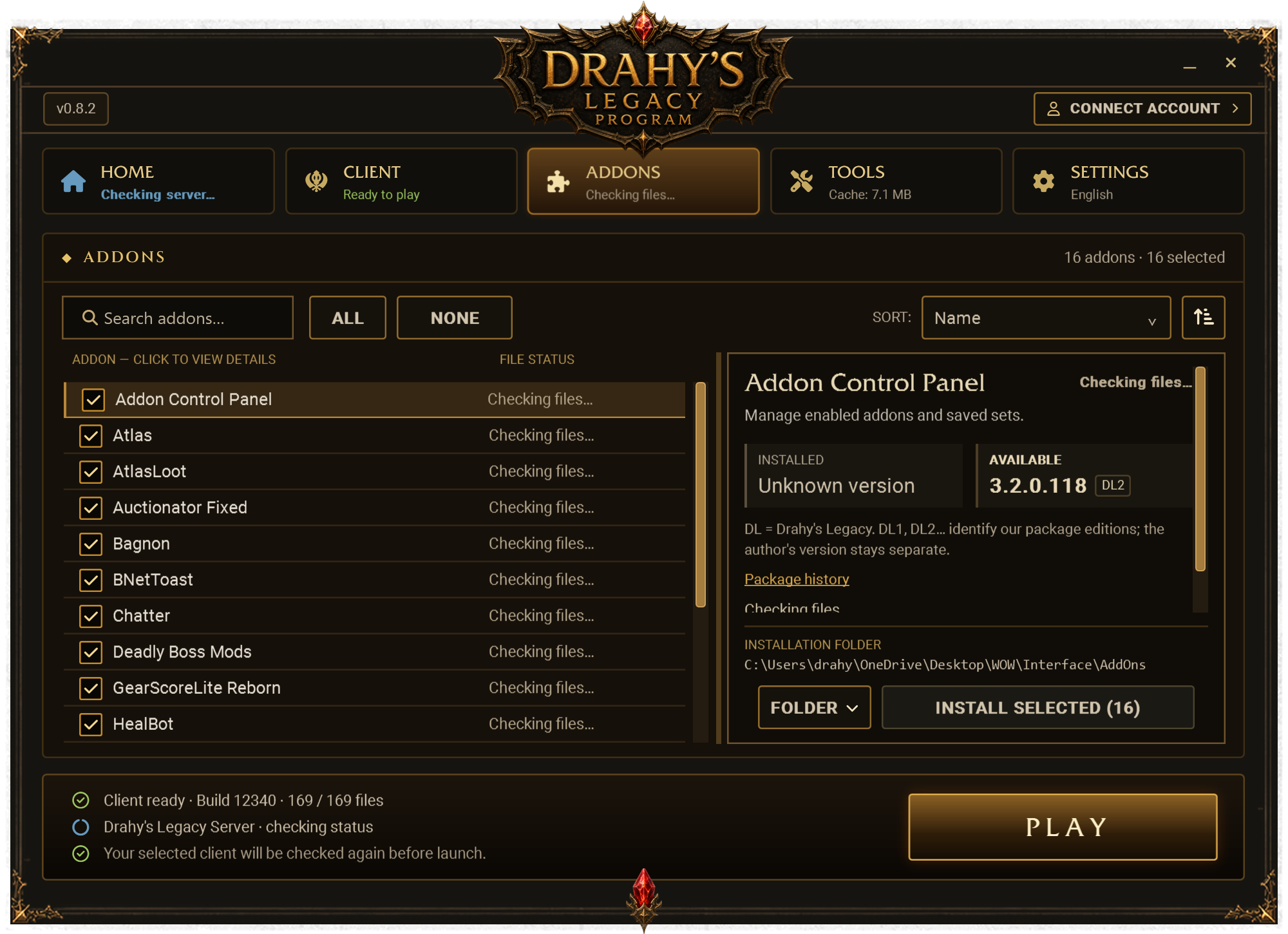 Drahy’s Legacy Program 0.8.2: optional addon catalogue and installed package controls.