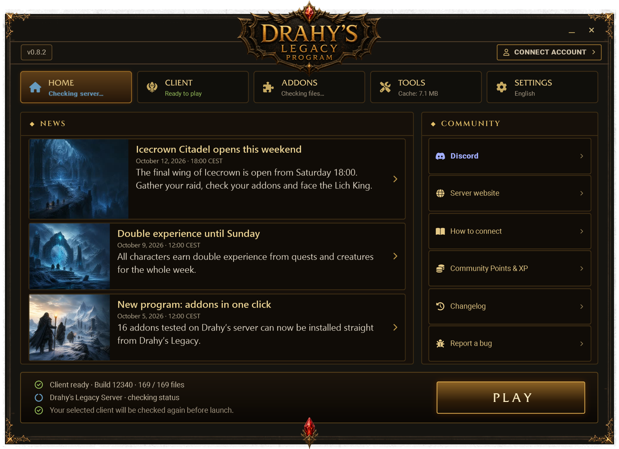 Drahy’s Legacy Program 0.8.2: Home screen with illustrative news and server information.
